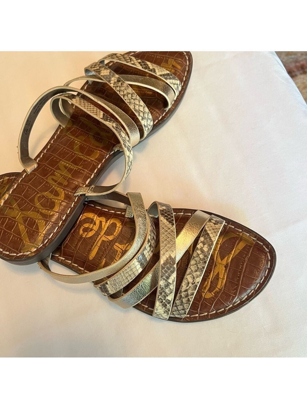 Sam Edelman Gold Metallic Snake Print Strappy Sandals - Picture 2 of 5